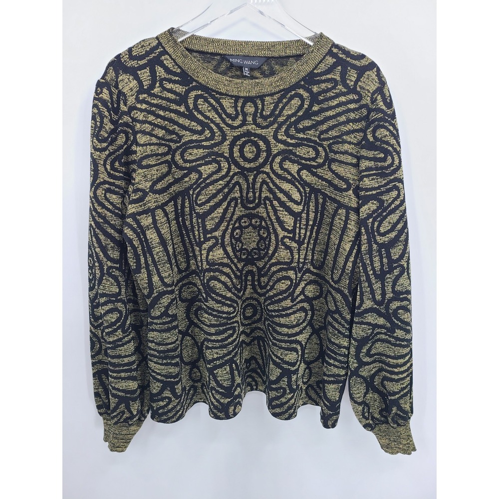 Ming Wang Women XL Black Gold Metallic Art Deco Abstract Knit Sweater Pullover